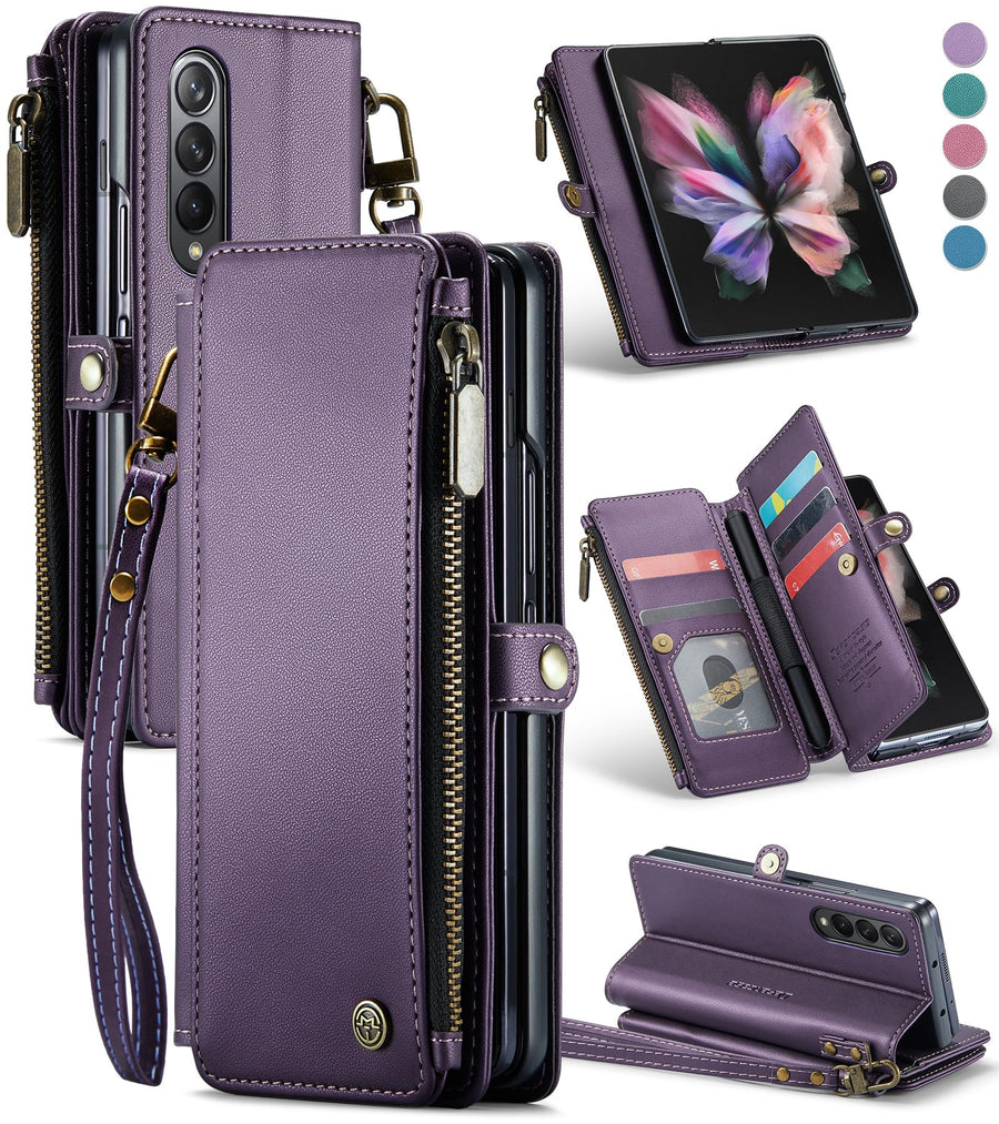Compatible with Samsung Galaxy Z Fold 3 Case Wallet with Card Holder for Women, Fashion PU Leather Magnetic Snap Flip Zipper Strap Phone Case Fit for Galaxy Z Fold 3, Black
