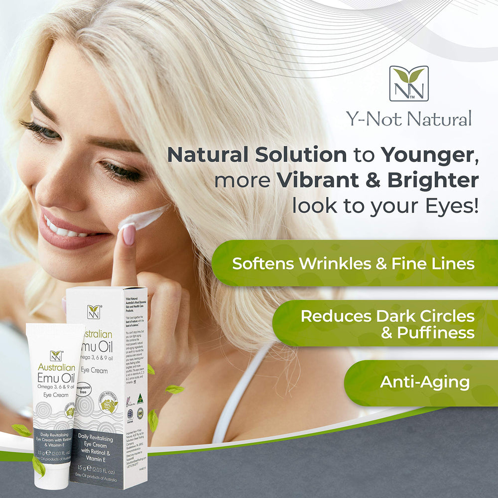 Y-Not Natural - Emu Oil Daily Revitalizing Eye Cream with Retinol, Vitamin E, A, C & D (15 g Tube) | SPF 15 Sun Protection Anti Aging Facial Skin Care to Reduce Puffiness, Fine Lines & Dark Spots