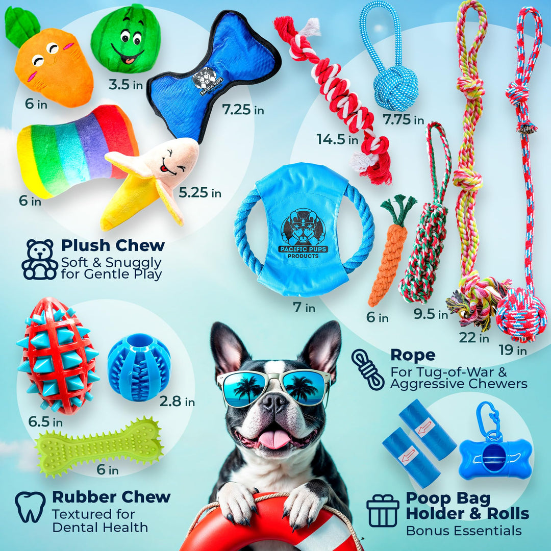 Pacific Pups 18 Piece Bulk Dog Toy Pack - Chew, Plush, and Rope Dog Toys to Keep Them Busy - Puppy Teething Chew Toys, Treat Ball, Squeaky Plushies, Tug of War Ropes, Rubber Chew - Helps Rescue Dogs