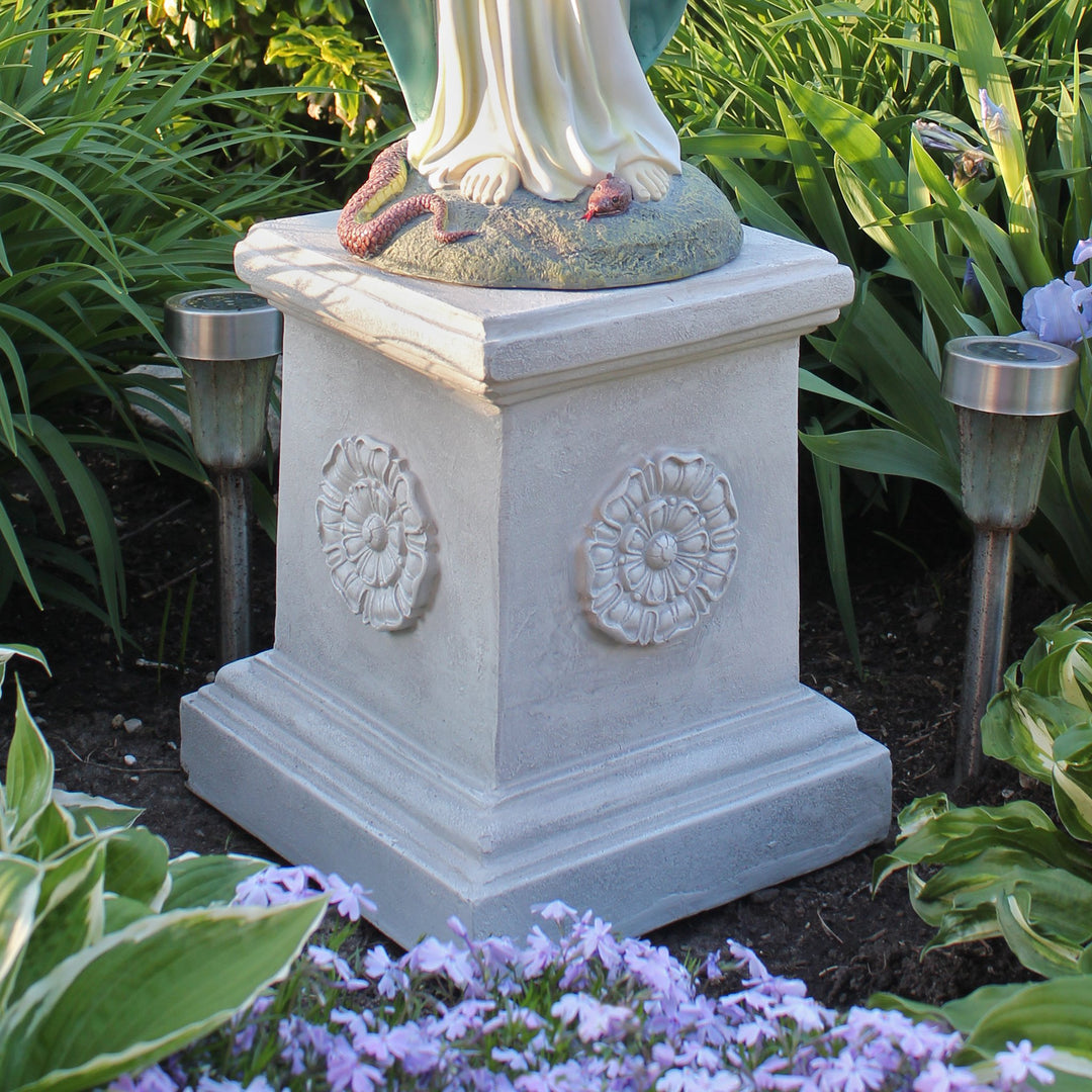 English Rosette Indoor/Outdoor Sculptural Garden Plinth Base Statue Riser, 11 Inches Square, 13 Inches Tall, Handcast Polyresin, Antique Stone Finish