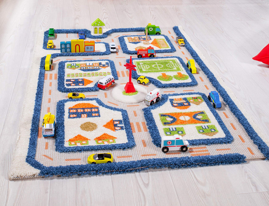 Thick 3D Childrens Play Mat & Rug in A Colorful Town Design for Kids with Soccer Field, Car Park & Roads, Blue, 32 x 45 inches