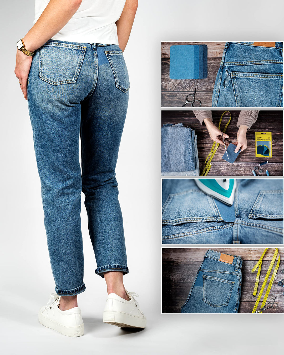 Denim Iron-on Patches Inside & Outside Strongest Glue 100% Cotton Black and White Repair Decorating Kit 12 Pieces Shades of Blue Size 3 by 4-1/4 (7.5 cm x 10.5 cm)
