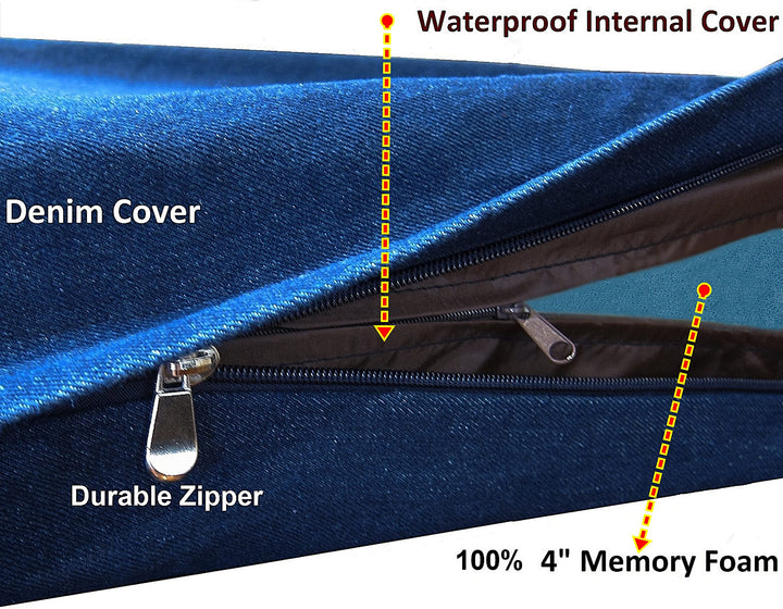 Extra Large Orthopedic Memory Foam Dog Bed for Large Dogs with Durable Waterproof Internal Case, Removable Washable Denim Cover and Bonus Pet Bed Cover, 47X29X4 Fits 48X30 Dog Crate, Blue