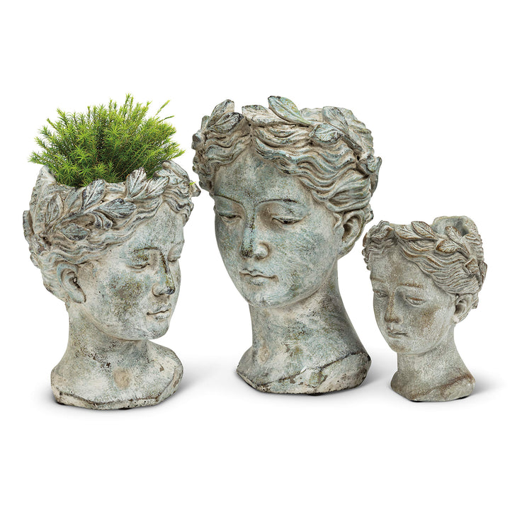 Goddess Head Planter - Extra Small Cement Indoor and Outdoor Planter Pot - Grecian Woman Statue Head Planter for Flowers and Succulents (Grey, 2.75 Opening)