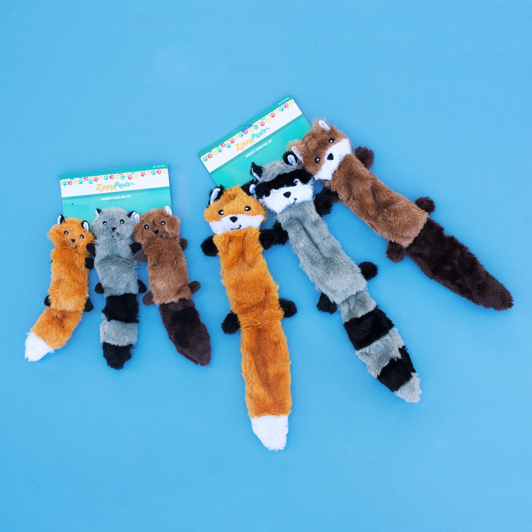 Skinny Peltz - Fox, Raccoon, & Squirrel - No Stuffing Squeaky Dog Toys, Unstuffed Chew Toy for Small & Medium Breeds, Bulk Multi-Pack of 3 Soft Plush Toys, Flat No Stuffing Puppy Toys - 11