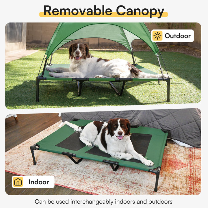 XLarge Outdoor Dog Bed, Elevated Pet Cot with Canopy, Durable Oxford Fabric, Extra Carrying Bag, for Camping or Beach - Green