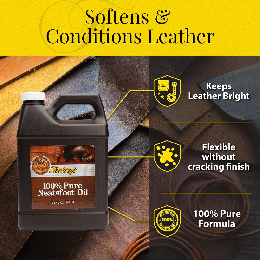 Fiebing's 100% Pure Neatsfoot Oil 32 Fl Oz - Leather Conditioner & Preservative with All Natural Animal Oil - Waterproof, Soften, Restore & Strengthen Leathercraft Shoe, Boot, Belt, Saddle, Couch