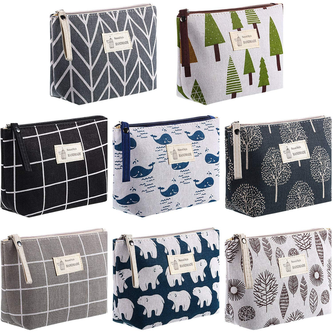 8 Pieces Canvas Cosmetic Bags Printed Small Makeup Bag Multi Function Travel Organizer Pouch Purse with Zipper for Women Fall Vacation Travel Toiletry Bag Christmas Birthday Gift, 8 Styles