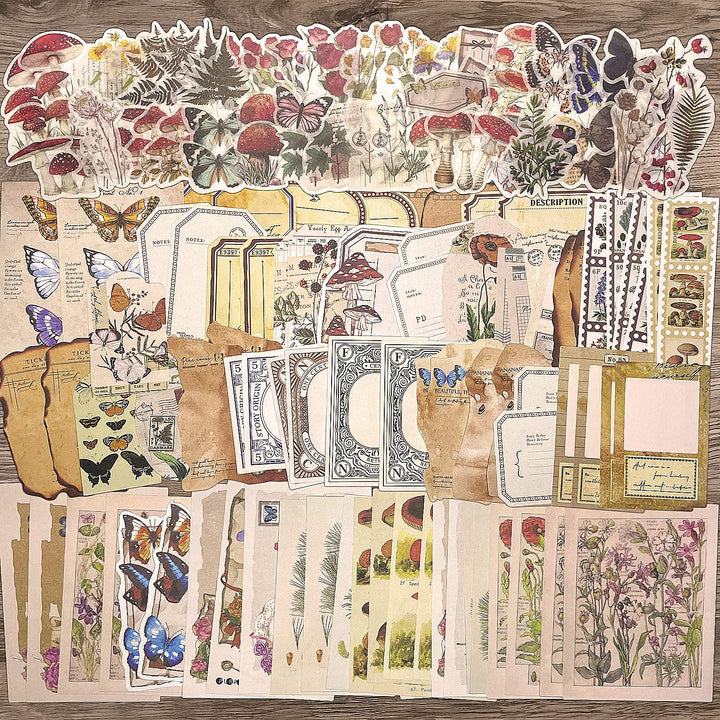 200pcs Vintage Journaling Supplies Kit, Journaling Stickers with Blue Washi Tape for Kids Teens Adults Scrapbook Aesthetic Bullet Journals Kit Craft Collage Embellishments Planners Notebook(Nature)