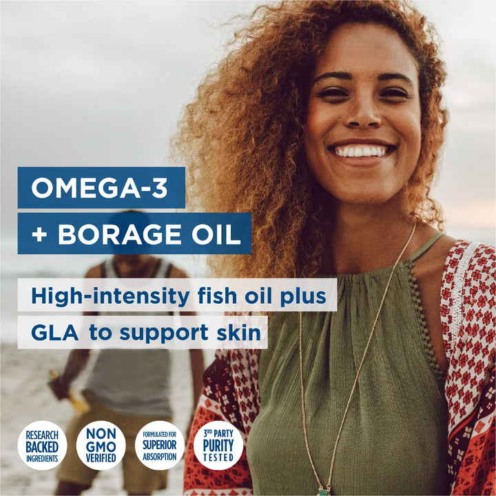 Nordic Beauty Omega-3 + Borage Oil, Natural Lemon-Flavored - 60 Soft Gels - Fish Oil Supplement for Skin Health and Hydration - Non-GMO - 30 Servings