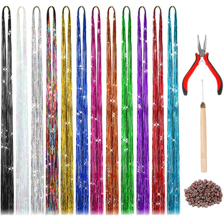 47 Inches Tinsel Hair Extension with Tool 12 Colors 2400 Strands Hair Extension Tinsel Kit Glitter Hair Extensions for Women Girls Hair Accessories for Christmas New Year Cosplay Party