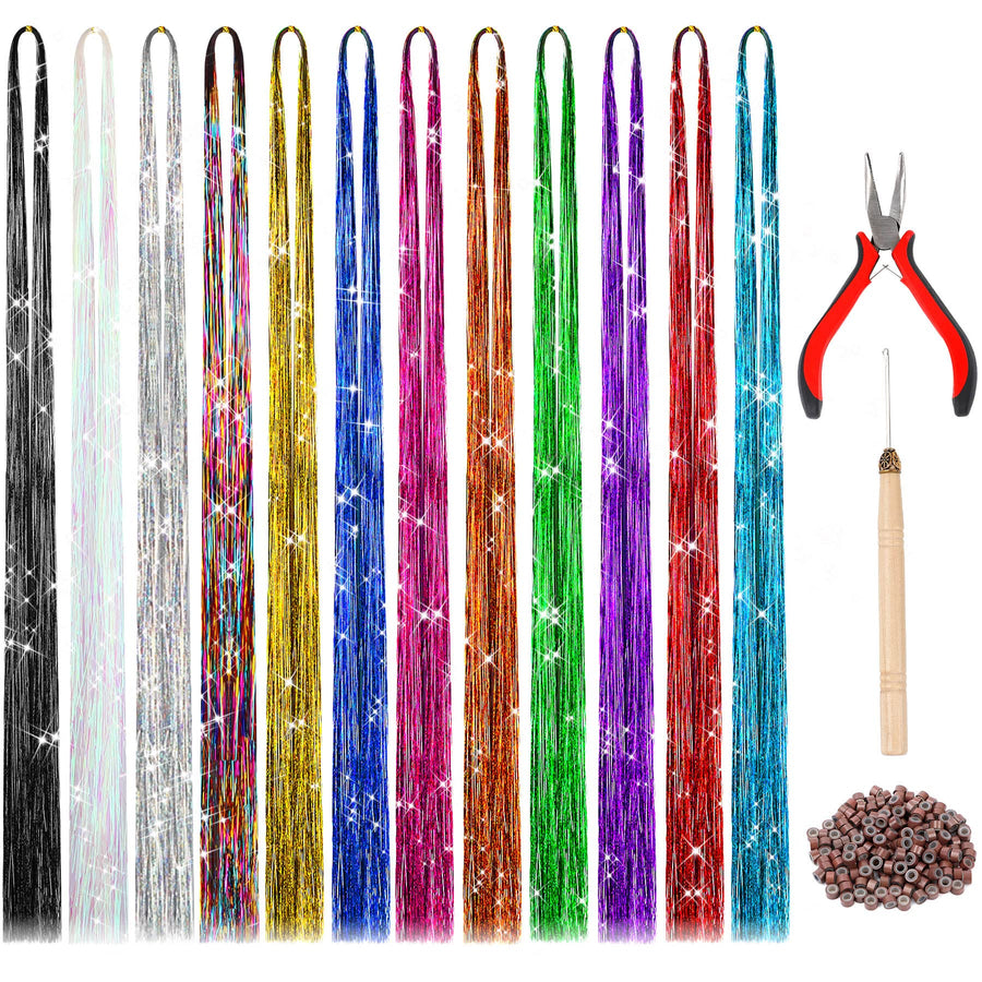 47 Inches Tinsel Hair Extension with Tool 12 Colors 2400 Strands Hair Extension Tinsel Kit Glitter Hair Extensions for Women Girls Hair Accessories for Christmas New Year Cosplay Party