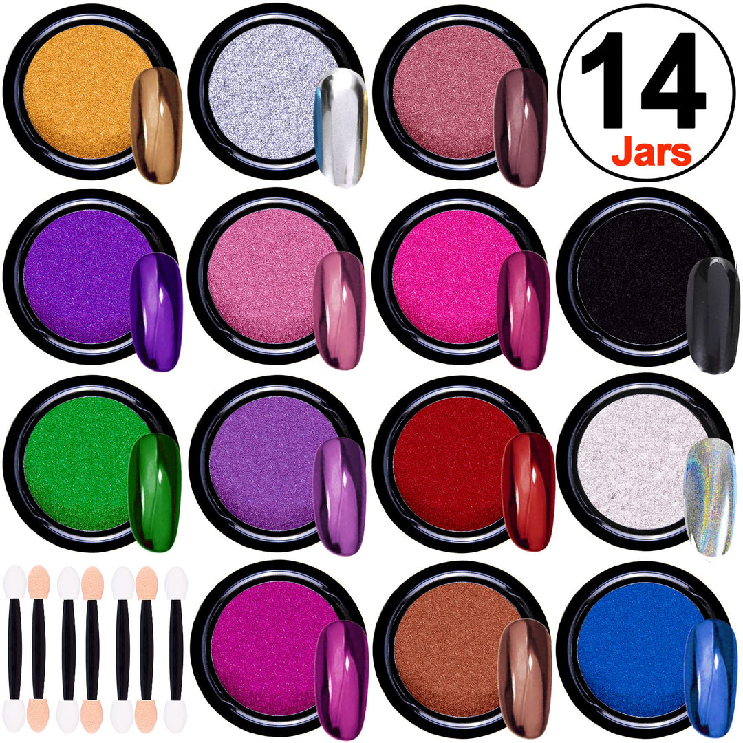 14 Jars Chrome Nail Powder Metallic Nail Art Powder Mirror Effect Manicure Chrome Powder 14 Colors Nail Powders with 14 Pcs Eyeshadow Sticks, 1g/Jar
