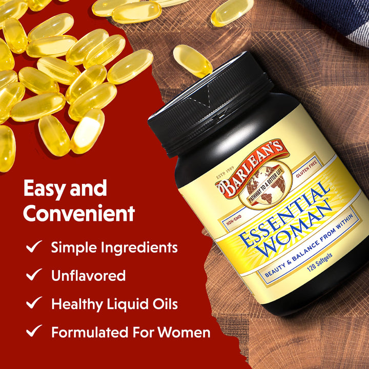 Barlean's Essential Woman Capsules, Hormonal Balance Supplement for Women, Flaxseed, Evening Primrose Oil and Soy Isoflavones, Omega 3 6 9 and GLA, 120 Count