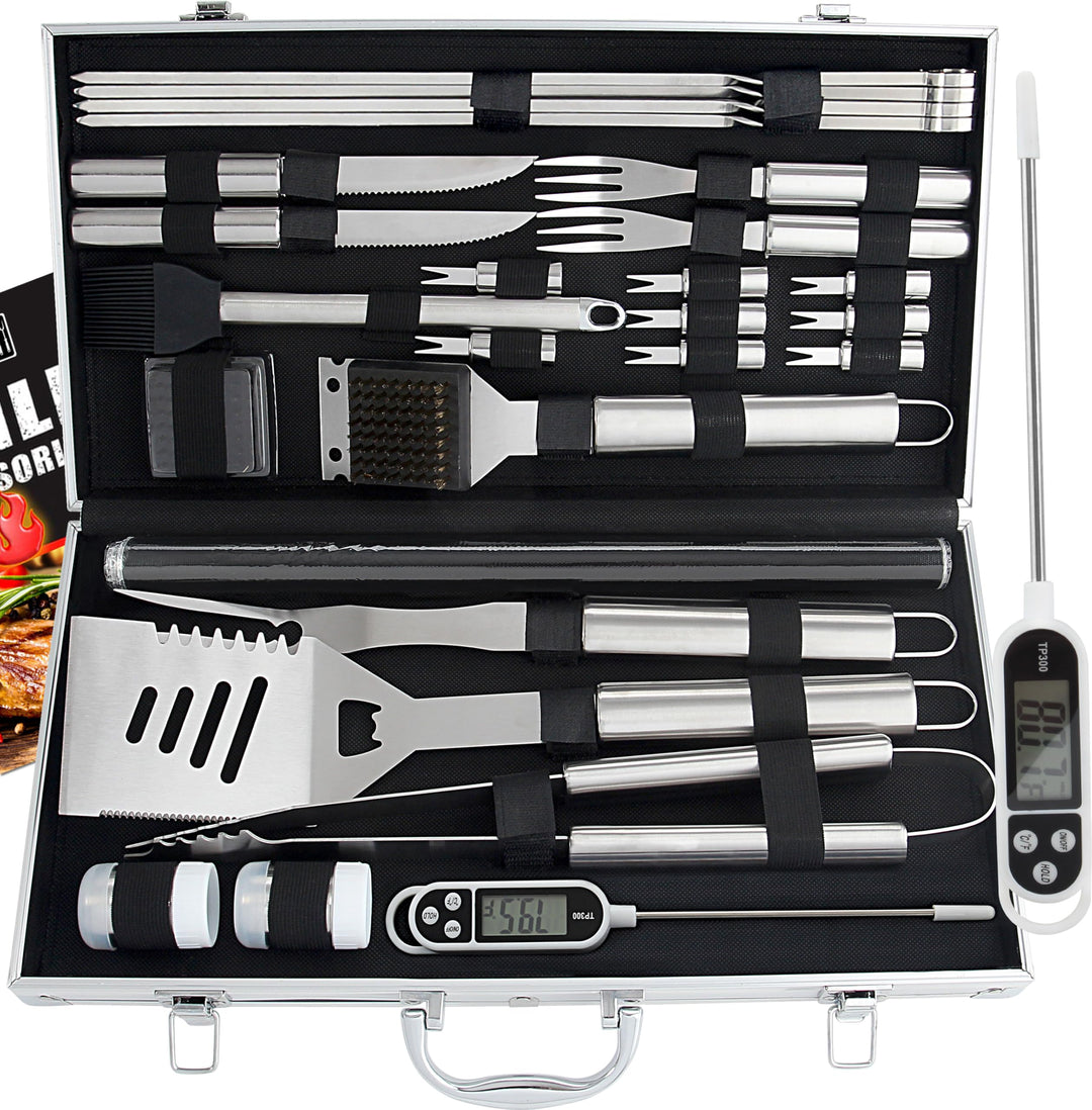 28pc BBQ Accessories Set with Thermometer - The Very Best Grill Gift on Birthday Wedding - Heavy Duty Stainless Steel Grill Set in Case for Outdoor Cooking Camping Grilling Smoking