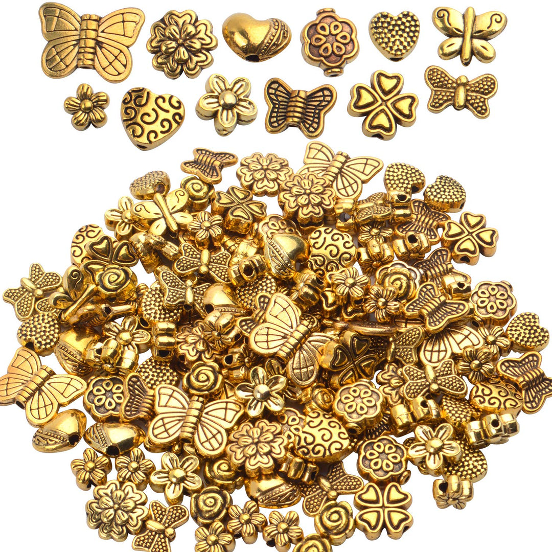 100 Gram(About 130-170pcs) Antique Gold Alloy Heart Butterfly Flower Beads Charm Bead Spacers Jewelry Findings Accessories for Bracelet Necklace Jewelry Making