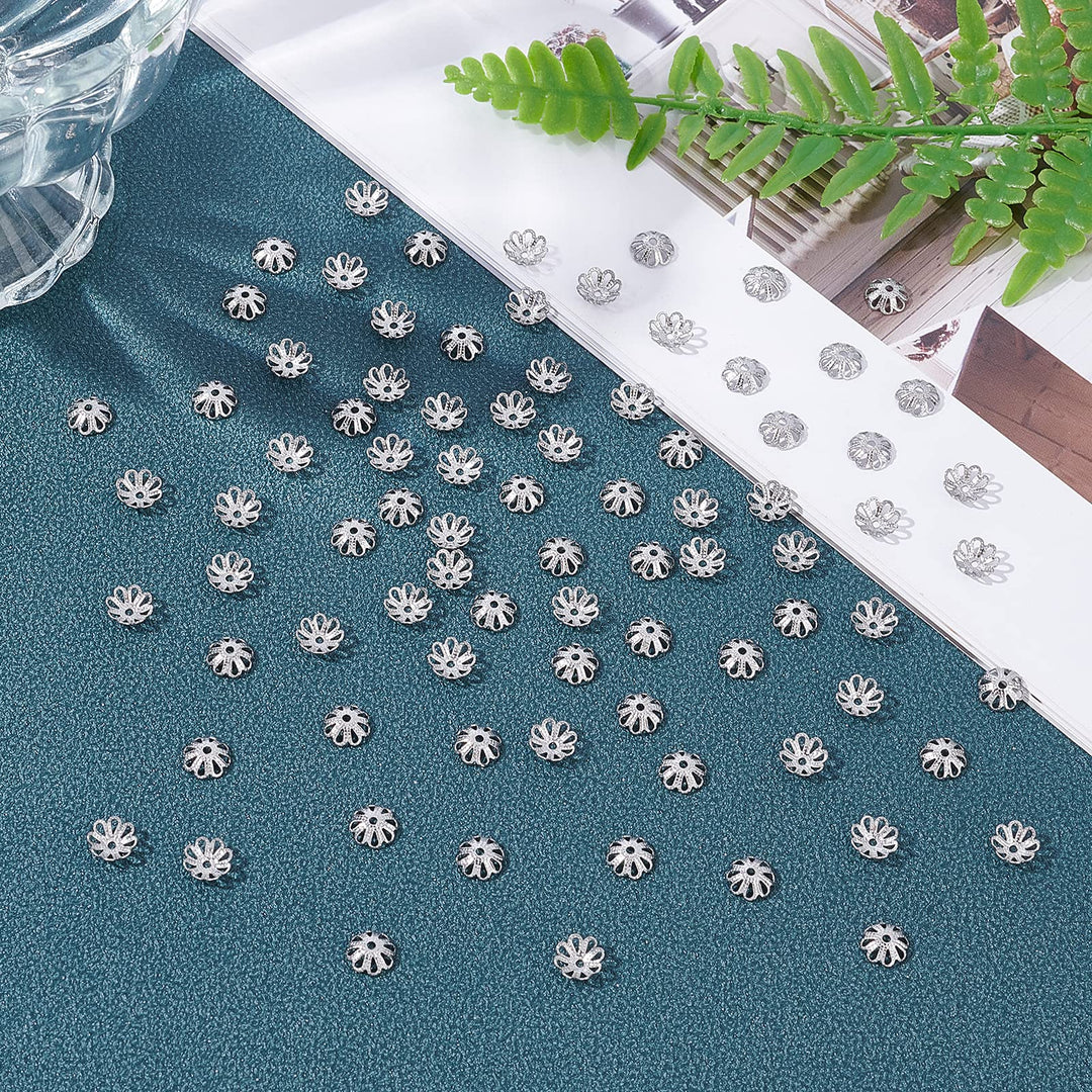 About 300pcs MultiPetal Flower Bead Caps 7mm Stainless Steel Hollow Spacer Caps Metal Bead Cap Spacers for Bracelet Necklace Jewelry Making Stainless Steel Color