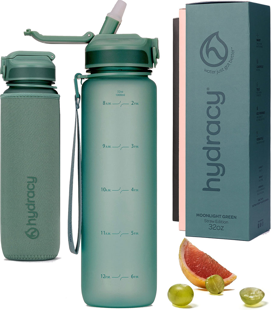 Water Bottle with Times to Drink & Straw - Large 32 Oz BPA Free Motivational Bottle & No Sweat Sleeve -Leak Proof Gym Bottle with Time Marker - Ideal Gift for Fitness, Sports & Outdoors