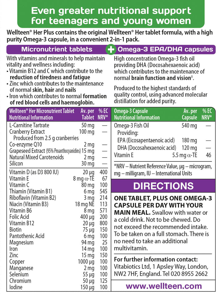 Vitabiotics Her Plus Omega-3 - Advanced Nutritional Support for Teenagers and Young Women Ages 13-19 - 56 Tablets and Capsules