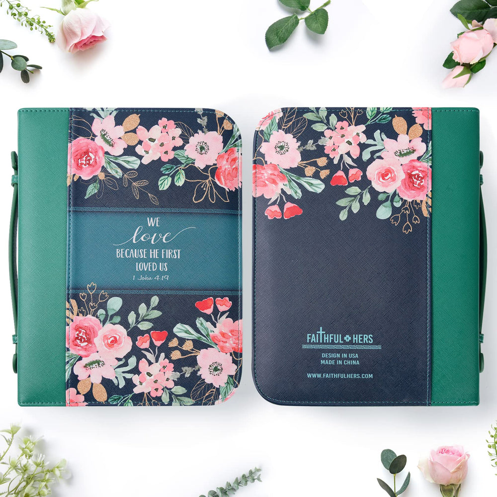 Bible Cover Case for Women with 7 Beautiful Paper Bookmarks Floral PU Leather Bible Cover Bag with Pockets and Zipper for Standard and Large Size Study Bible 10.8x7.8x2 (Dark Green)