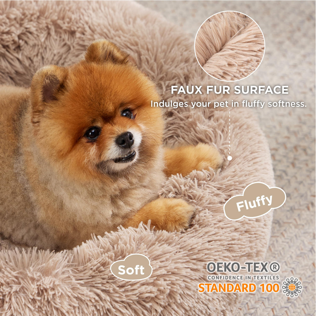 Calming Dog Bed for Small Dogs - Donut Washable Small Pet Bed, 23 inches Anti-Slip Round Fluffy Plush Faux Fur Large Cat Bed, Fits up to 25 lbs Pets, Camel