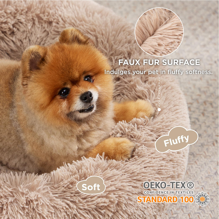 Calming Dog Bed for Small Dogs - Donut Washable Small Pet Bed, 23 inches Anti-Slip Round Fluffy Plush Faux Fur Large Cat Bed, Fits up to 25 lbs Pets, Camel