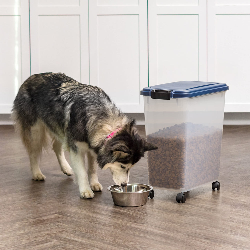 USA Airtight Dog Food Storage Container, Up to 40 lbs, Attachable Wheels, For Dog Cat Bird and Other Pet Food Storage Bin, Keep Fresh, Translucent Body, Easy Mobility, Navy