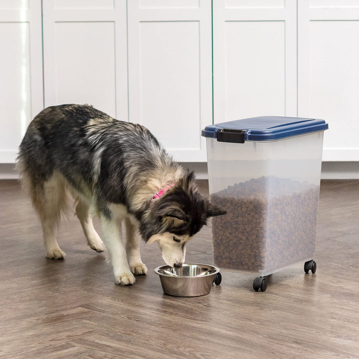 USA Airtight Dog Food Storage Container, Up to 40 lbs, Attachable Wheels, For Dog Cat Bird and Other Pet Food Storage Bin, Keep Fresh, Translucent Body, Easy Mobility, Navy