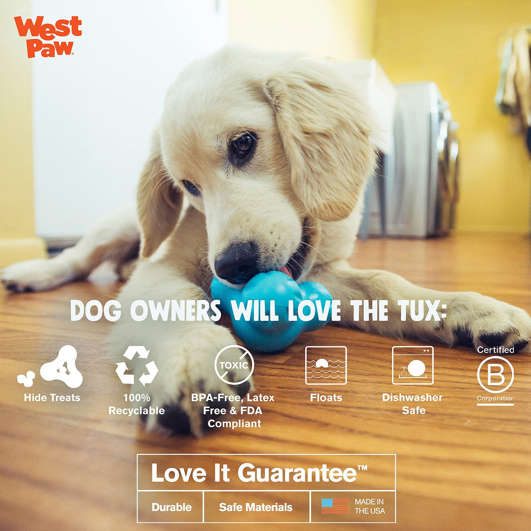 West Paw Zogoflex Tux Treat Dispensing Dog Chew Toy – Interactive Chewing Toy for Dogs – Dog Enrichment Toy – Dog Games for Aggressive Chewers, Fetch, Catch – Holds Kibble, Treats, Large 5, Aqua Blue