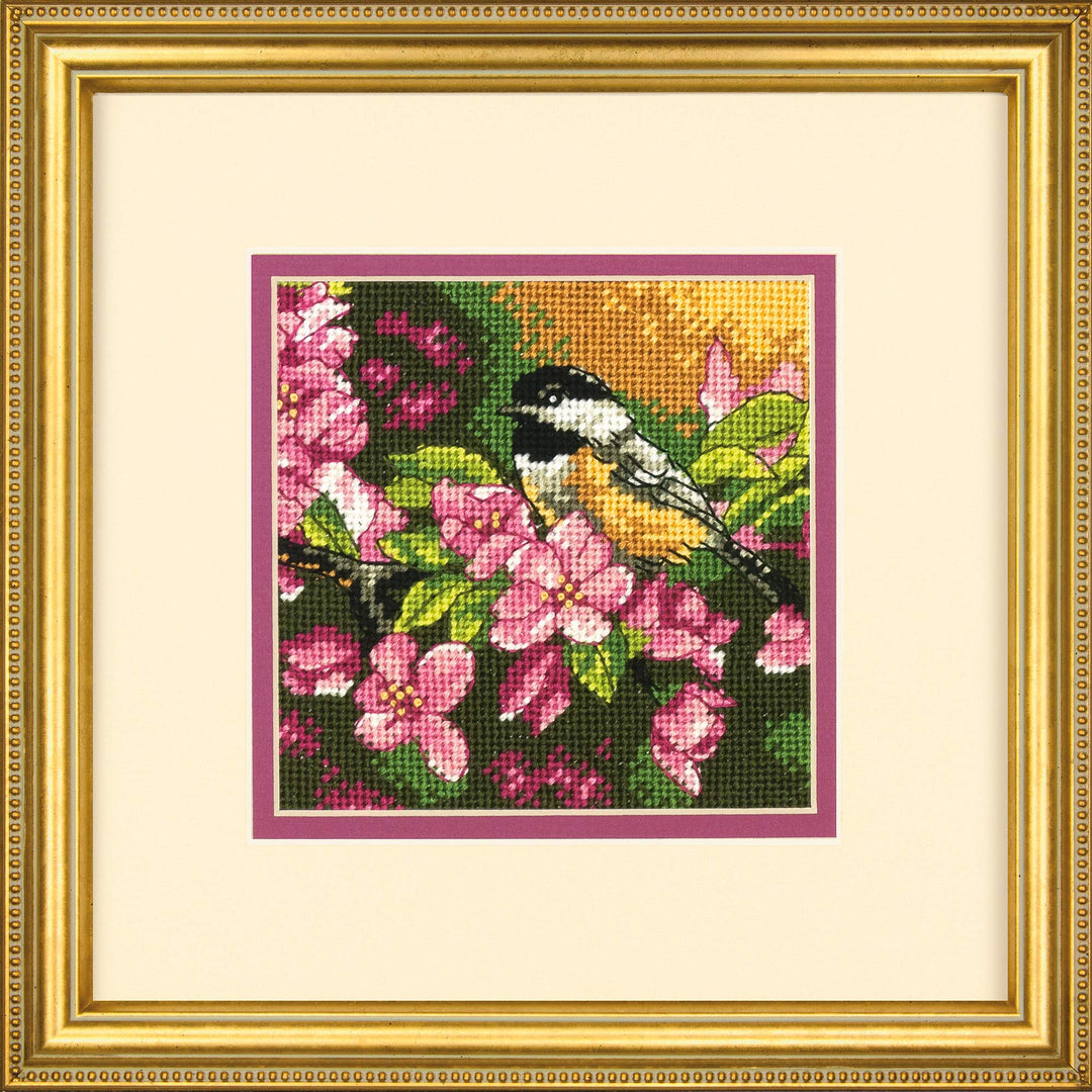 'Chickadee In Pink' Mini Needlepoint Kit for Beginners, 14 Mesh Canvas, 5'' x 5''