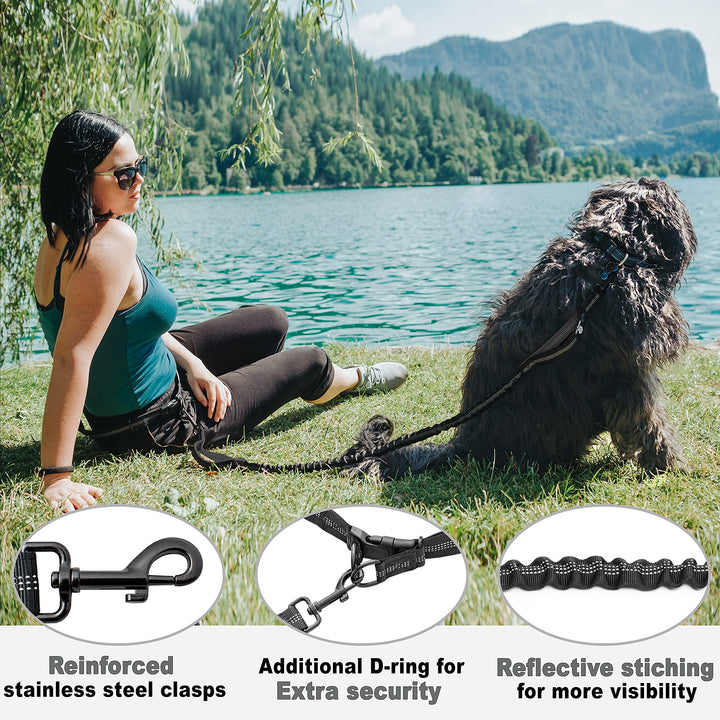 Hands Free Dog Leash for Medium and Large Dogs - Durable Dual Handle Waist Leash with Reflective Bungee for Running, Walking, Training, Hiking (Grey, for 1 Dog)