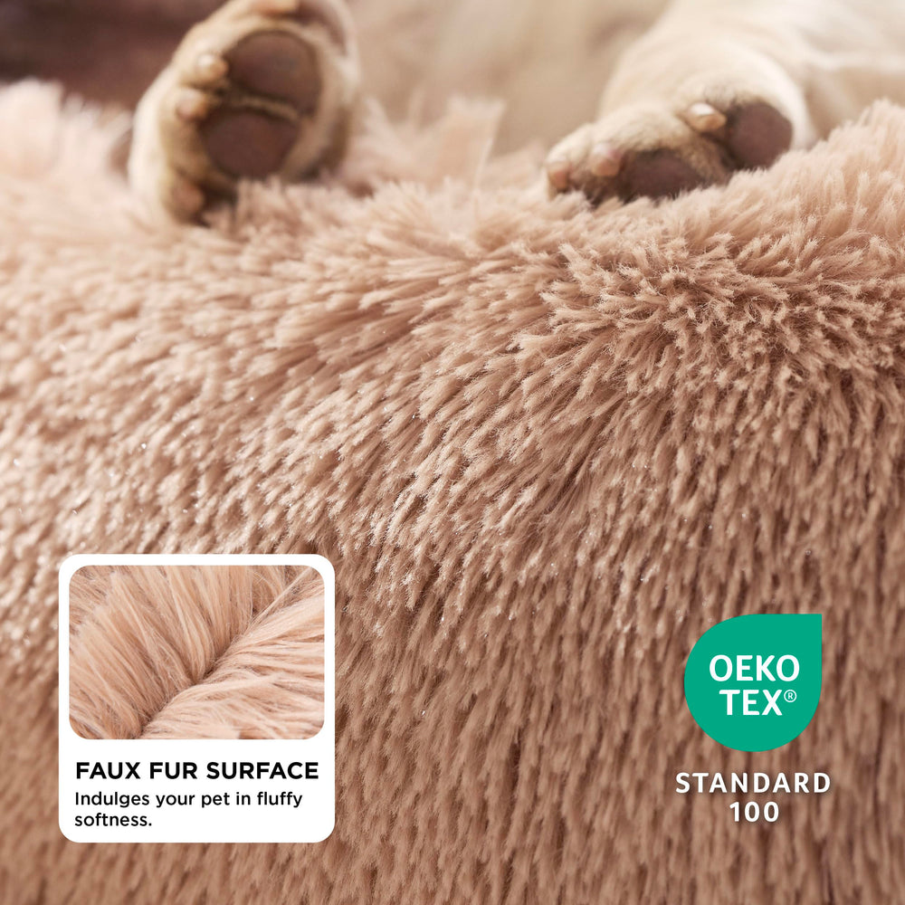 Calming Dog Bed for Medium Dogs - Donut Washable Medium Pet Bed, 30 inches Anti-Slip Round Fluffy Plush Faux Fur Cat Bed, Fits up to 45 lbs Pets, Camel
