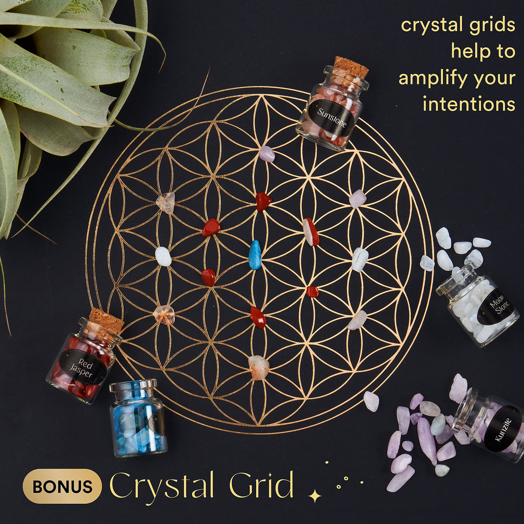 Bulk Crystals and Healing Stones | A Set of 50 Crystal Chakra Stones Wish Bottles | Healing Crystals for Beginners with Spell Jars | Real Crystals in Potion Bottles with Rare Raw Crystals and Crystal Grid