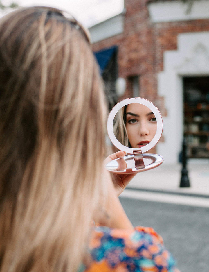 LED Lighted Travel Makeup Mirror, 1x/10x Magnification - Daylight LED, Compact, Portable, Large 5 Wide Illuminated Folding Mirror (Lumi) Rose Gold
