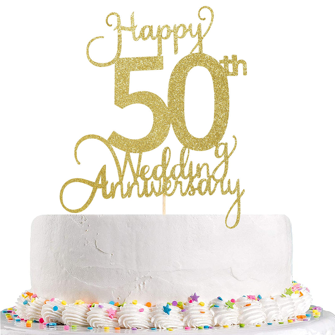 Wedding 50th Anniversary Cake Topper - Wedding Anniversary Party Decoration, Premium Gold Sequins, Happy 50th Anniversary, 50th Wedding Anniversary Cake Decoration.