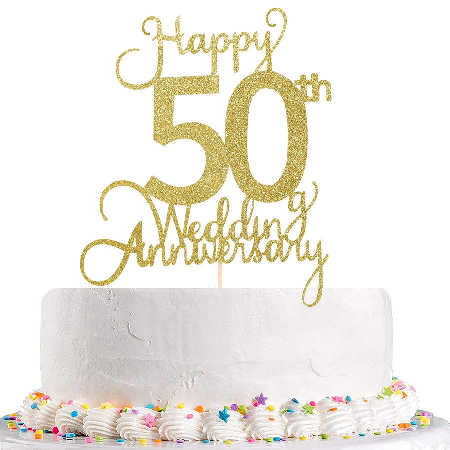 Wedding 50th Anniversary Cake Topper - Wedding Anniversary Party Decoration, Premium Gold Sequins, Happy 50th Anniversary, 50th Wedding Anniversary Cake Decoration.