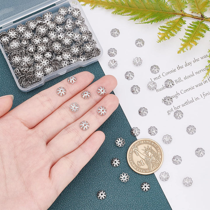About 300pcs MultiPetal Flower Bead Caps 7mm Stainless Steel Hollow Spacer Caps Metal Bead Cap Spacers for Bracelet Necklace Jewelry Making Stainless Steel Color