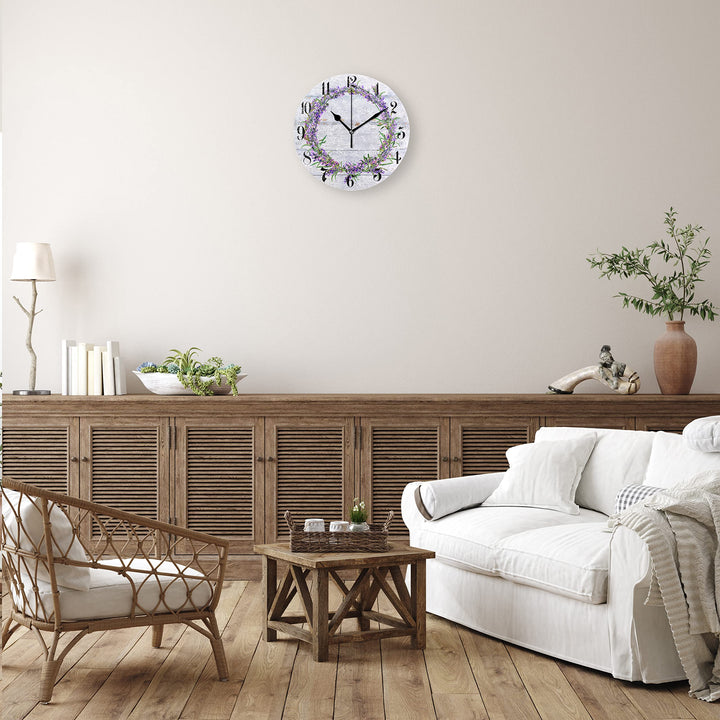 Purple Clock Lavender Wall Clock Silent Non-Ticking Kitchen Clock Purple Desk Clock Battery Operated Quartz Analog Flower Wooden Decorative Round Clocks 9.5 in Garden Home Decor