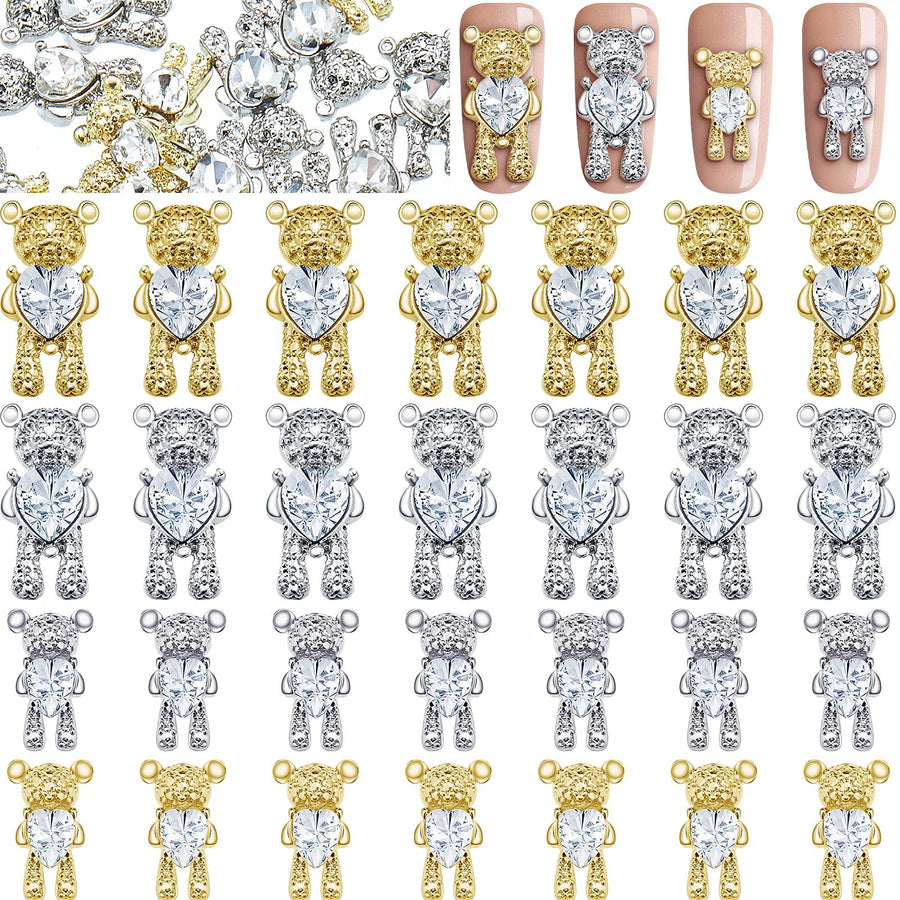 50 Pieces 3D Bear Nail Art Decoration Cute Bear Nail Charm Rhinestone Bear Manicure Decoration Diamond Bear Nail Charm 3D Alloy Nail Art Decoration for Women DIY Nail Art Design, Gold and Silver