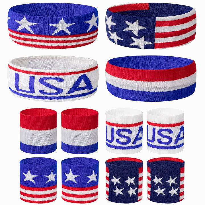 American Flag Sports Headband & Wristband Set - 4 Styles Striped Sweatbands for Basketball, Football, Running, Gym & Exercise - 1 Headband, 2 Wristbands