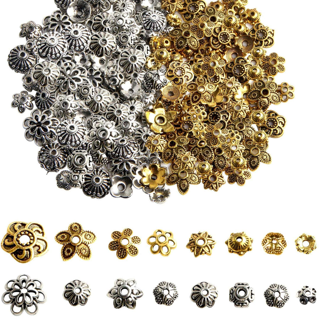 About 160Pcs Spacer Beads Caps, Bali Style Mixed Tibetan Silver and Antique Gold Flower Bead Caps for Bracelet Necklace Earrings Jewelry Making Supplies