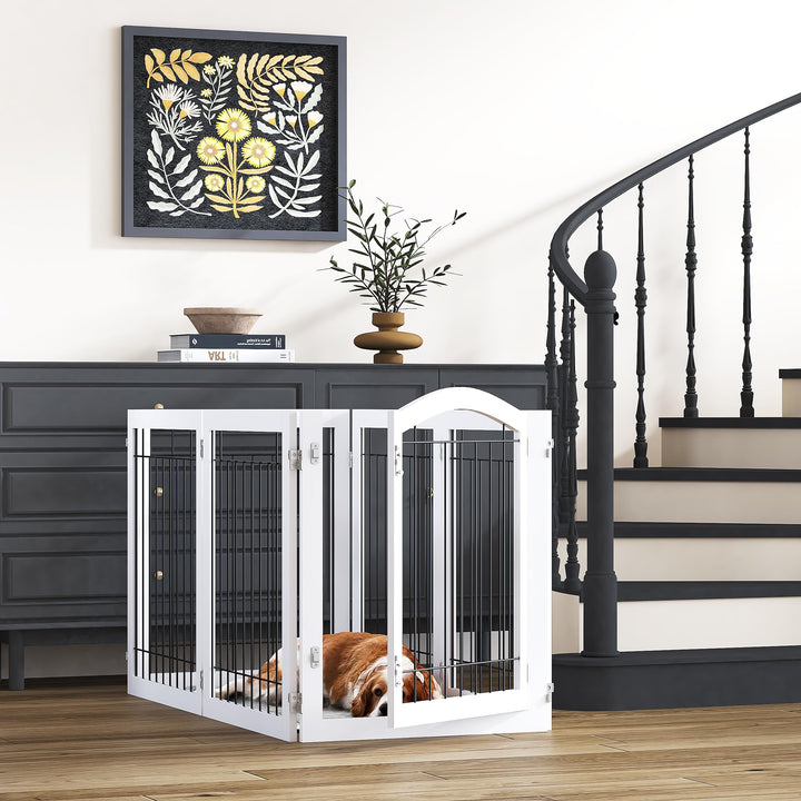 144-inch Extra Wide 30-inches Tall Dog gate with Door Walk Through, Freestanding Wire Pet Gate for The House, Doorway, Stairs, Pet Puppy Safety Fence, Support Feet Included, White,6 Panels
