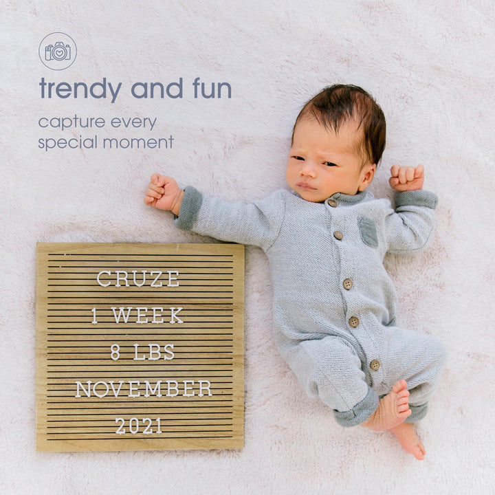 Wooden Letterboard Set - Ideal Photo Sharing Prop for Baby Announcements, Milestone Keepsake, Custom Message Board and Shower Gift - Includes 188 Letters, Numbers, and Symbols - Natural Wood