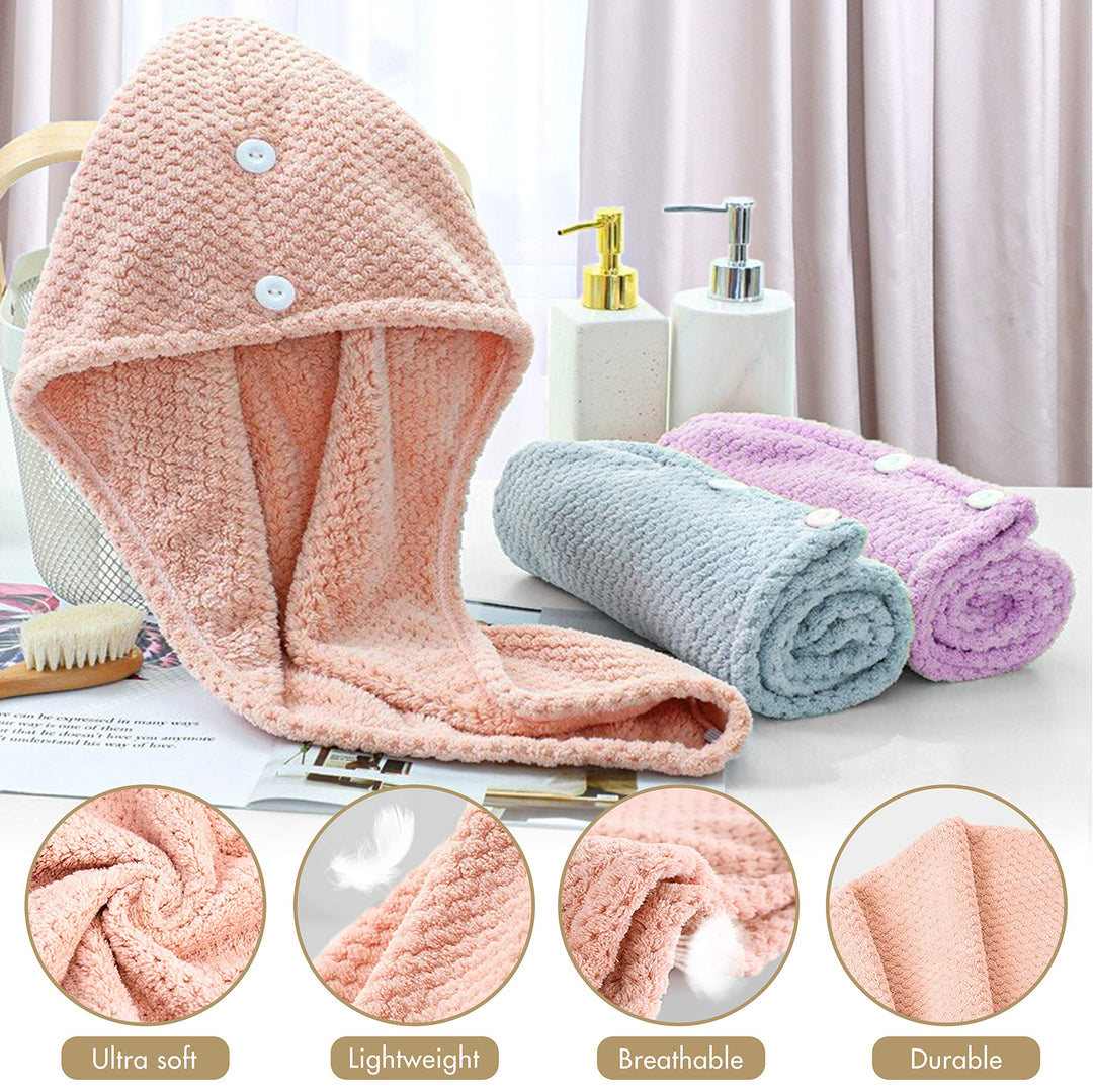 Microfiber Hair Towel Wrap 3+1 Pack Hair Towel, Quick Dry Super Absorbent Hair Towel Wrap for Women Girl Family Curly Long & Thick Wet Hair Anti Frizz Button Choose Design (Pink/Purple/Gray)