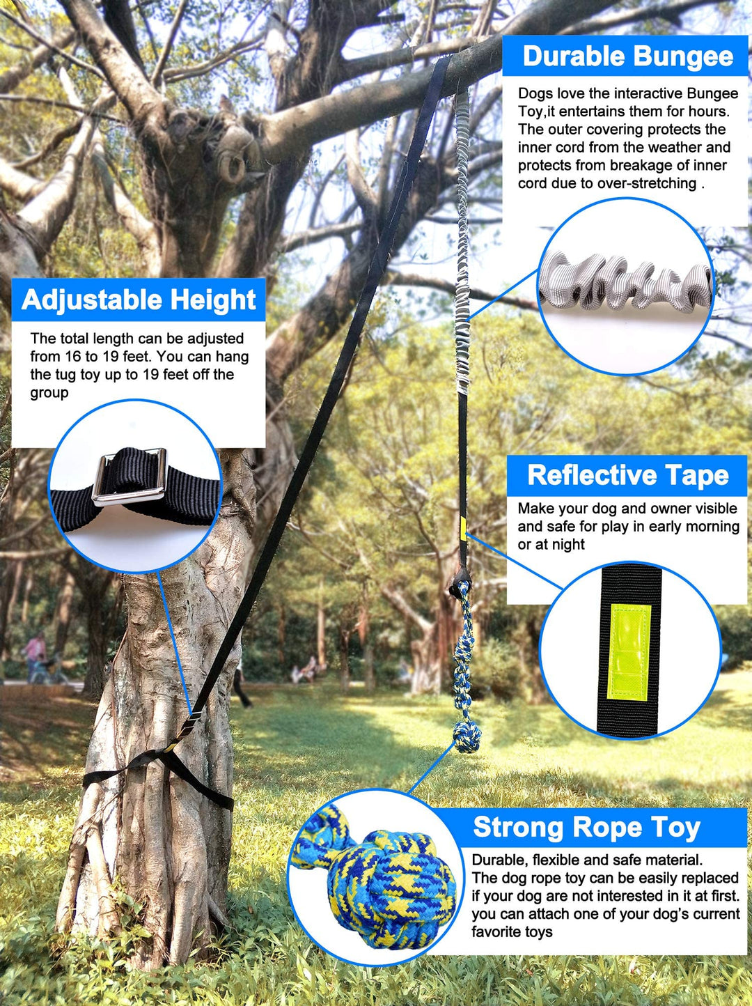 Outdoor Bungee Tug Toy, Dog Toy Hanging from Tree for Small to Large Dogs, Interactive Exercise Play Cord & Tether with Chew Rope Toy (Black)