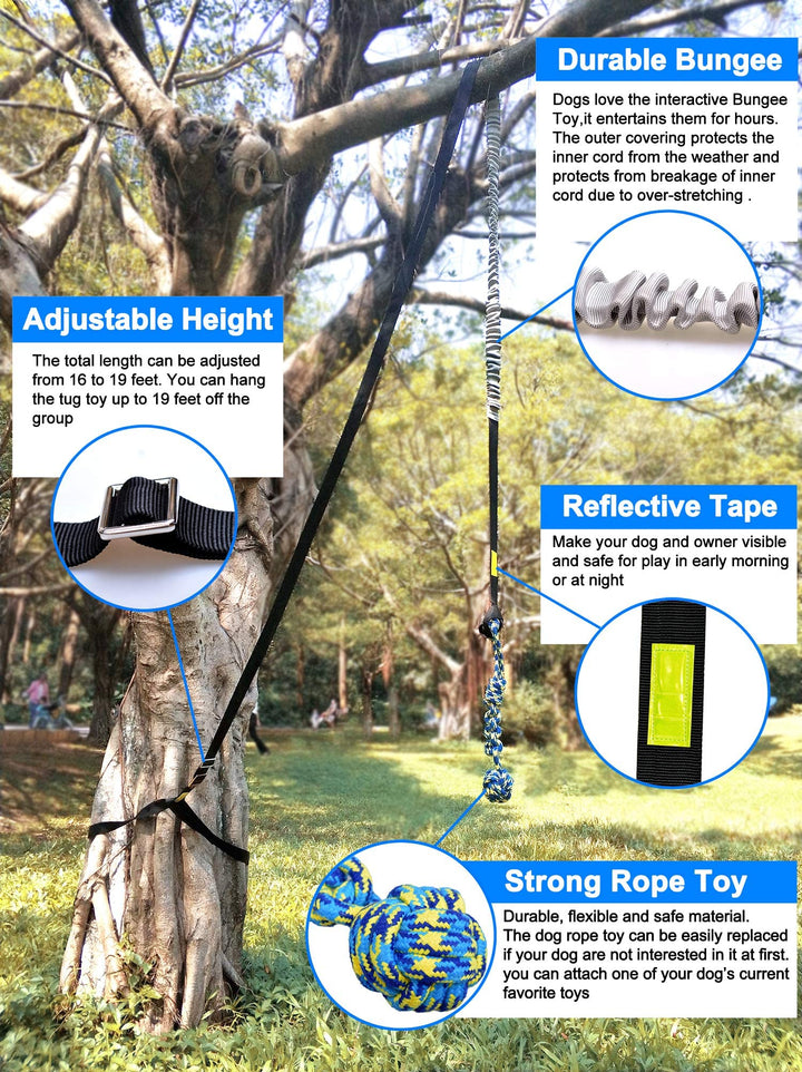 Outdoor Bungee Tug Toy, Dog Toy Hanging from Tree for Small to Large Dogs, Interactive Exercise Play Cord & Tether with Chew Rope Toy (Black)