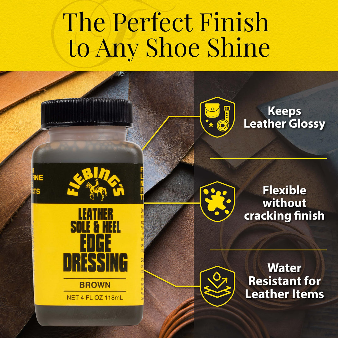 Fiebing's Leather Sole & Heel Brown Edge Dressing (4 oz) - High Gloss Shoe Dressing for Leather Soles and Heels - Provides a Protective, Glossy Finish After a Shoe Shine - Includes Brush Applicator