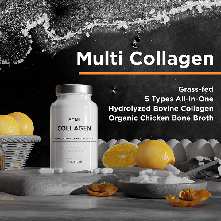 Multi Collagen Peptides Capsules with Hyaluronic Acid and Vitamin C - 5 Types of Collagen Protein Type I, II, III, V, X - Grass Fed Hydrolyzed - 18 Amino Acids - Collagen Supplement - 90 Pills