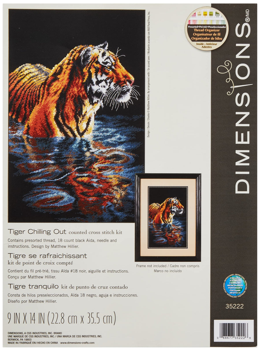 'Tiger Chilling Out' Counted Cross Stitch Kit, 18 Count Black Aida, 9 x 14