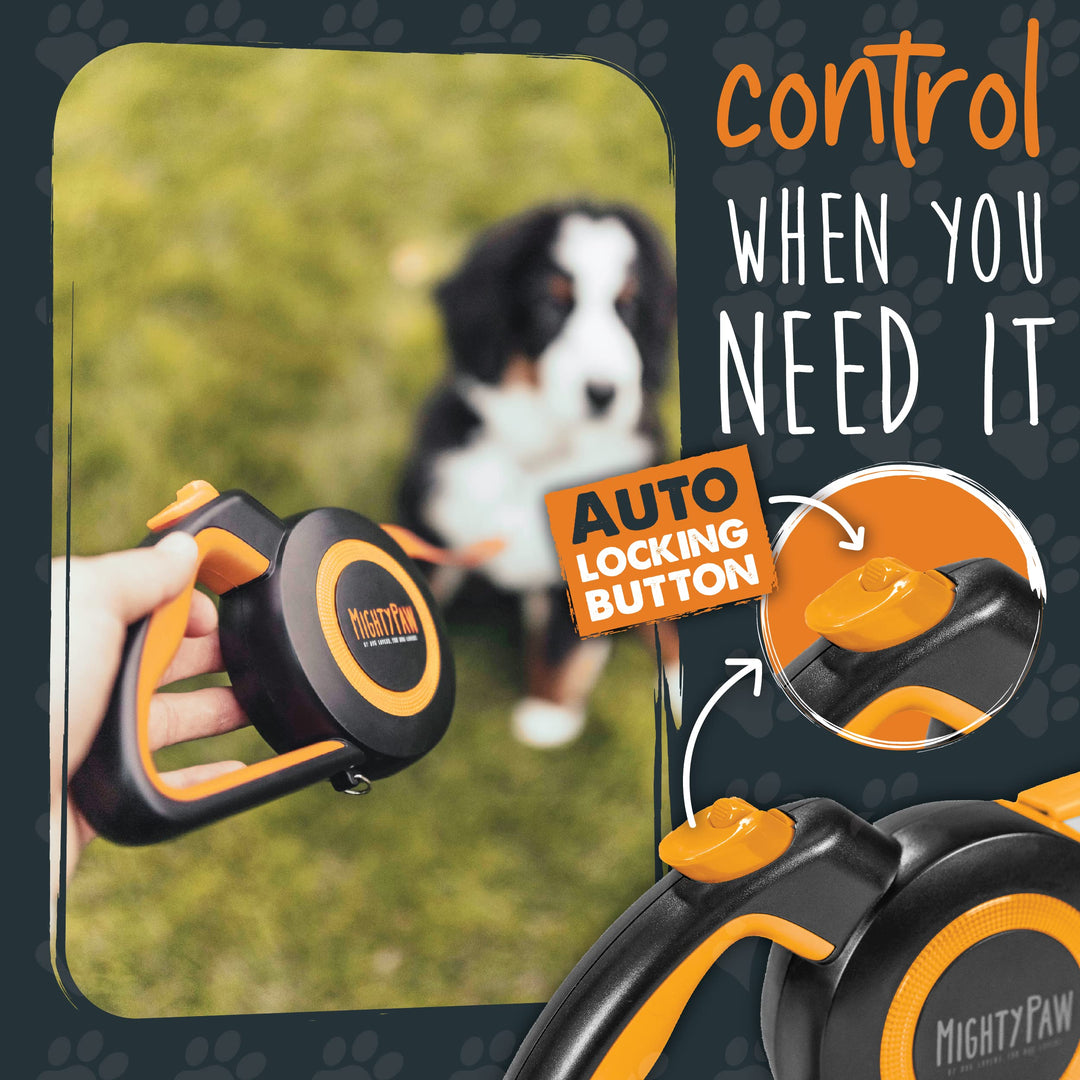 Retractable Dog Leash 2.0 - Auto-Locking Button for The Control When You Need - Stainless Steel Coil for Smooth Retraction - Super Reflective Ring for Nighttime Visibility - No More Tangle